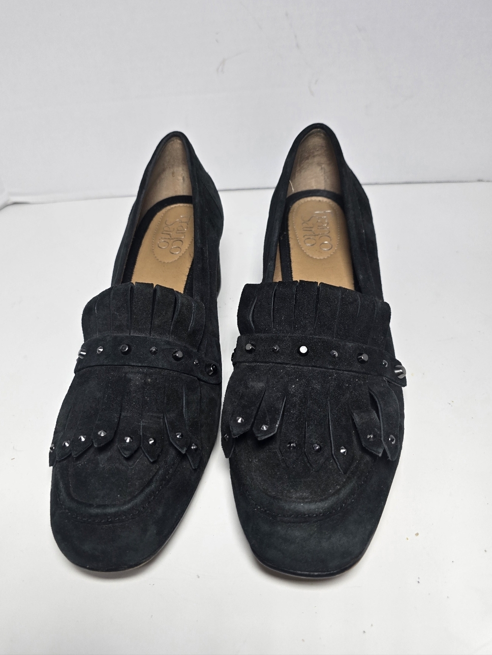 Franco Sarto Black Suede Kiltie Loafers with Stud Accents